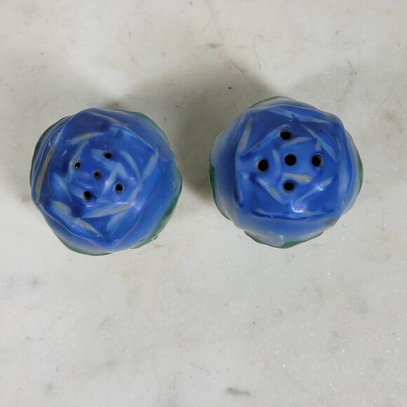 VTG Rose Bud Salt Pepper Shakers 1.5" Blue Green Japan Floral Ceramic Flowers - Picture 4 of 15
